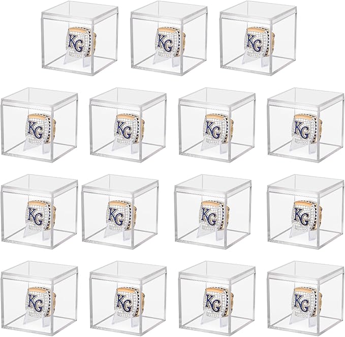 15 Pack Championship Ring Display Case Clear Acrylic Case Display Box for Sports Baseball Basketball Softball Golf Single Ring Coin Holder Stand, 2.16 Inch