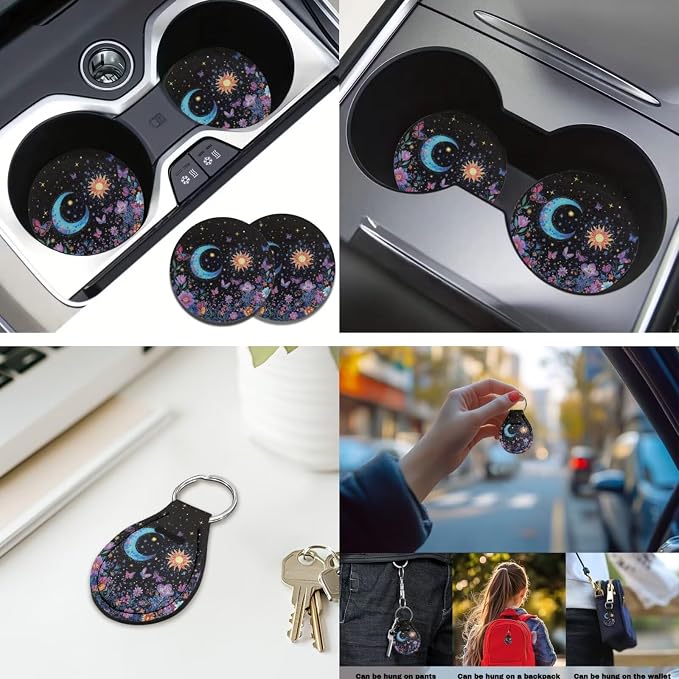 Moon Floral 12 Pcs Car Seat Covers with Steering Wheel Cover,Seat Belt Covers Cup Holder Keychain Holder Elastic Fabrics Universal Fit for Most Cars,SUVs