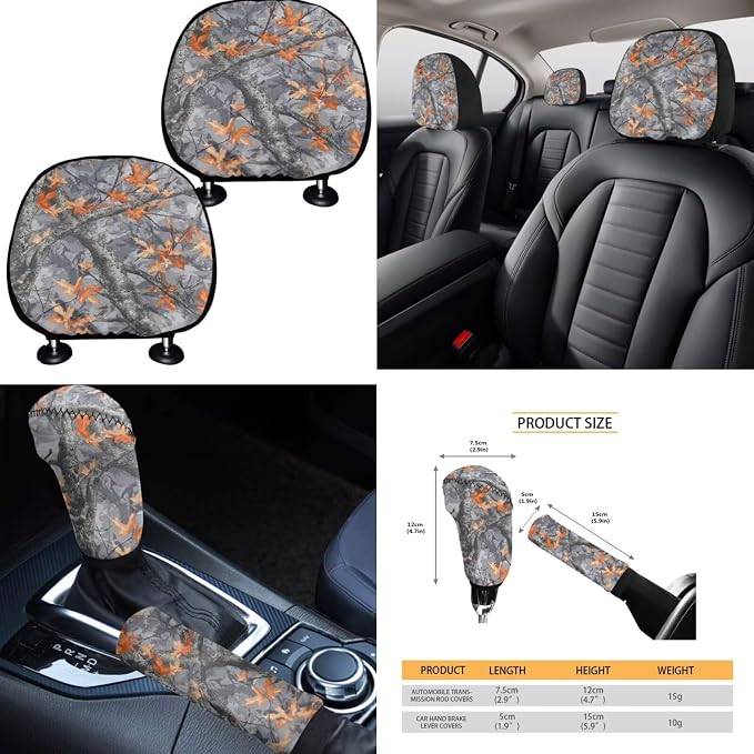 Camo Maple Leaf Car Seat Covers Full Set for Women Flower Car Accessories Set 15 Pcs Car Steering Wheel Cover Seat Belt Pad Trash Can Coasters Car Headrest Pillow Covers Armrest Pad