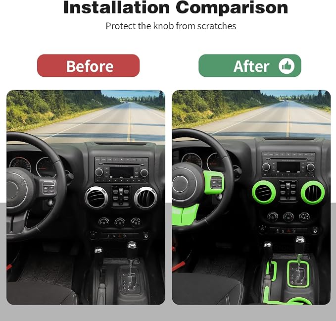 CheroCar 18PCS Interior Trim Kit for Jeep Wrangler JK JKU 2011-2018 4 Door,Steering Button Frame, Air Conditioning Vent Trim Cup Holder Cover,Gear Shift Knobs Frame,Light Green…
