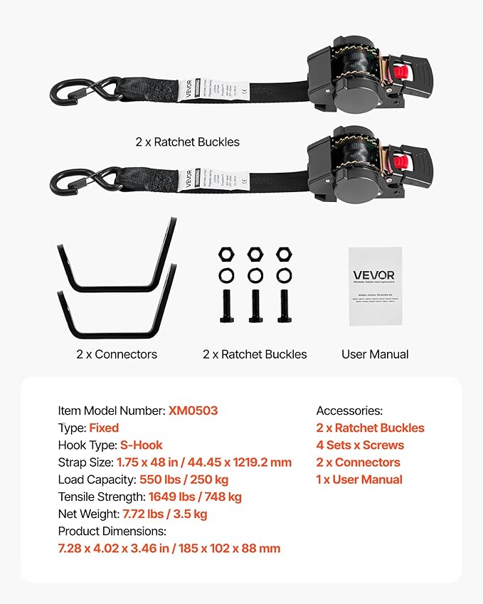 VEVOR Wheel Chock Tie-Down Kit, Fixed Trailer Tie Down Strap, Car Tie Down Kit with S-Hook, Break Strength 1649 lbs & Working Load 550 lbs Motorcycle System for Trailers, Boats, Snowmobiles