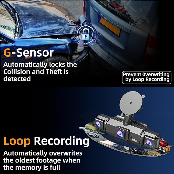 4 Channel Dash Cam Front and Rear Cabin, 360 Dash Camera, Night Vision 8 IR Lamps for Cars, 5G WiFi for Download, G-Sensor, 24H/7 Parking Mode with 64GB Card, Support 256 GB Max