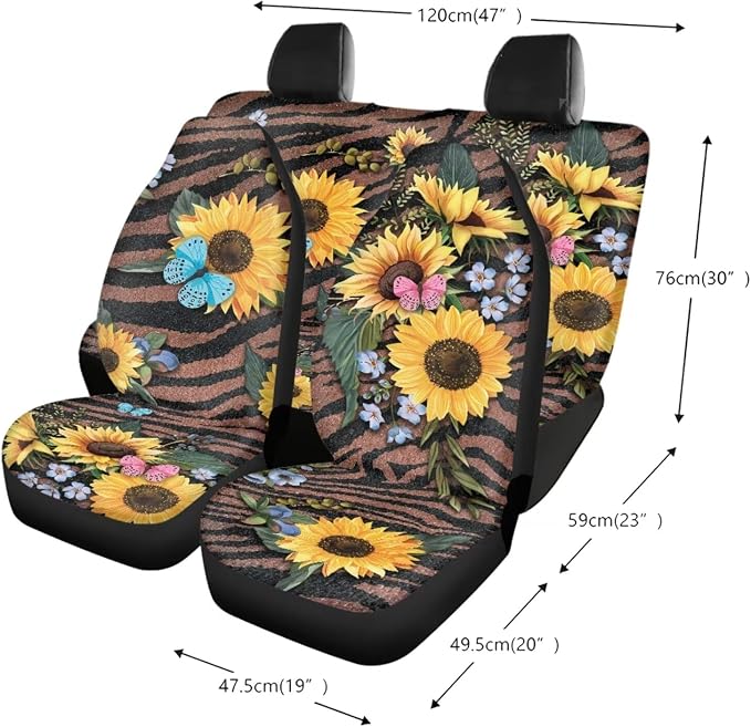 Sunflower Butterfly Stripe Print Car Seat Covers Full Set, Car Accessories Set of 13, Soft Steering Wheel Cover + Seat Belt Cover + Cup Holder Coasters Universal Fit for SUV Truck Van