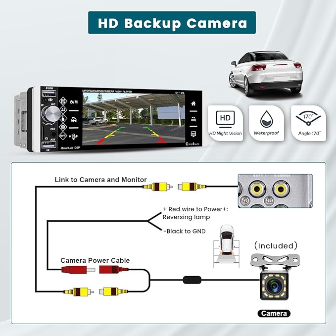 5.1 Inch Single Din Car Stereo Wireless Carplay Android Auto, Touch Screen Car Radio with Bluetooth AM FM RDS Radio Receiver Rear View Camera EQ Mirror Link