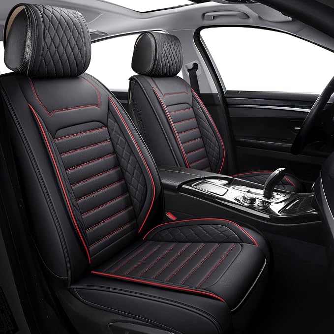 Aierxuan Front Seat Covers Universal Fit for Nissan Rogue Murano Maxima Pathfinder Kia Soul Forte Sorento Optima Honda Hyundai Buick Mazda Volvo Leather Protector(2PCS Front/Black-Red A)