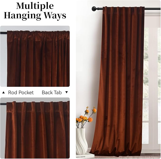 Roslynwood Luxury Soft Rust Velvet Curtains 84 inches Long Back Tab Thermal Insulated Blackout Window Drapes for Living Room/Bedroom/Dining Room, W52 x L84, 2 Panels