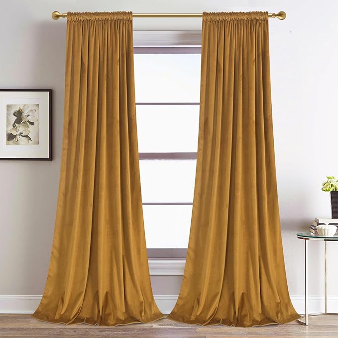 Roslynwood Luxury Soft Mustard Velvet Curtains 63 inches Long Back Tab Thermal Insulated Blackout Window Drapes for Living Room/Bedroom/Dining Room, W52 x L63, 2 Panels