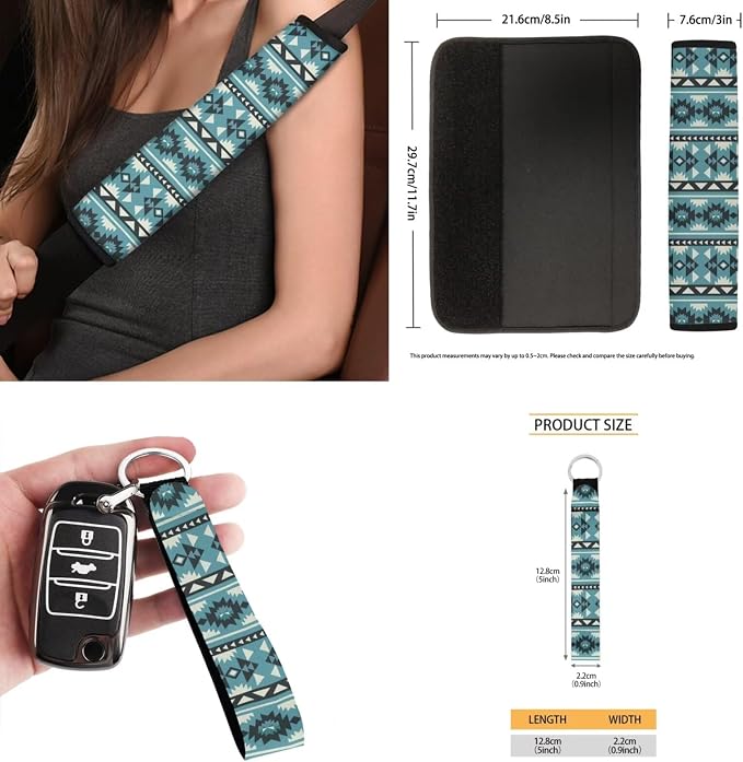 Southwestern Aztec Blue Car Seat Covers Set of 15 with Universal Steering Wheel Cover, Rearview Mirror Cover, Car Trash Can, Seatbelt Pads, Cup Holder Coasters, Keychains