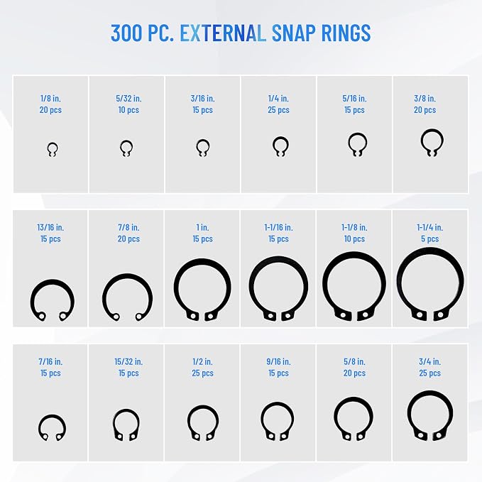 12PCS Versatile Retaining Snap Ring Pliers set,300PCS External Snap Rings,Heavy Duty Fixed Tip Combination Internal/External Snap-ring Pliers for 0.038in 0.047in 0.070in 0.090in