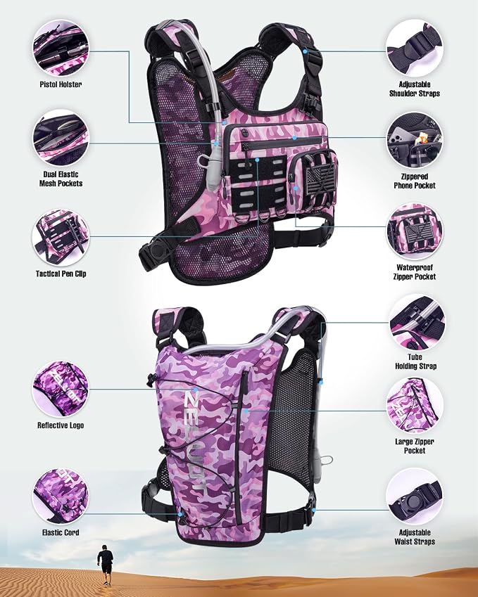 Zelvot Running Vest with 2L Water Bladder, Hydration Backpack, U.S. Design Patent, Lightweight Hydration Pack with Gear Holder, Reflective Chest Pack for Men Women