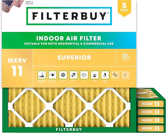 Filterbuy 18x18x1 Air Filter MERV 11 Superior Pet & Allergy Defense (5-Pack), Electrostatic Pleated HVAC AC Furnace Filters Replacement (Actual Size: 17.75 x 17.75 x 0.75)