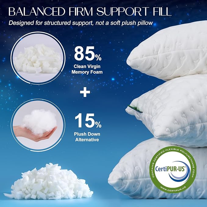 Side Sleeper Pillows for Neck & Shoulder Comfort - Ergonomic Curved Crescent Design, Adjustable Shredded Memory Foam, Cooling & Soft Cover, Extra Fill Included, Standard Size