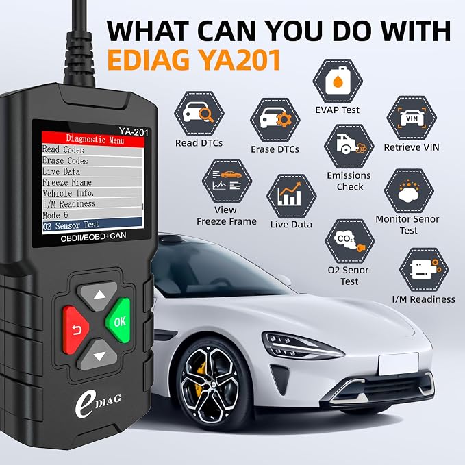 YA-201 Obd2 Scanner, Full OBD2 Modes Check Engine Code Reader After 1996 All OBDII/EOBD/KOBD/CAN Cars, O2 Sensor EVAP Systems, Battery Test,Live Data Stream,Plug & Play