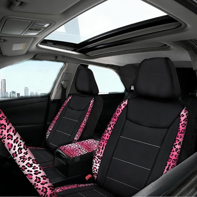 23 Pcs Car Seat Cover Full Set for Women,Universal Car Seat Cover, Print Printing Car Steering Wheel Cover Center Console Armrest,Sunglass Holder Accessories Full SUV (Pink Leopard Print)