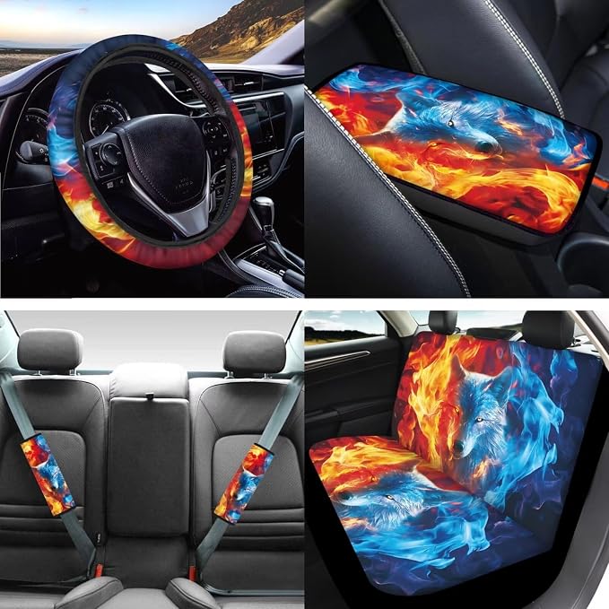 Mumeson Wolf Pattern Car Seat Covers Soft Rubber Steering Wheel Cover and 2 Pcs Adjustable Seatbelt Covers Shoulder Cushion Pad 1 Pcs Armrest Cover 8 Pack Car Accessories Decor Set
