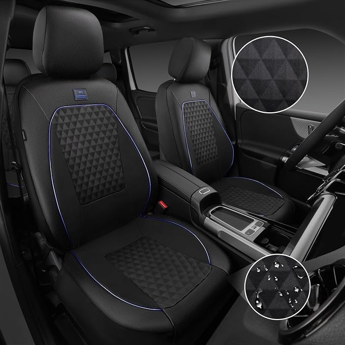 CAR PASS Leather Car Seat Covers Gel Wetsuit PU Full Set Seat Covers Waterproof EVA All Weather Neoprene Universal Fit Pickup SUV Truck Sedan Automotive, Armrest Airbag Compatible, Rhombic Blue Strip