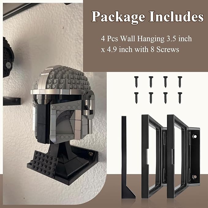 4 Pcs Black Wall Mount Display Stand Fits Lego Helmet, Wall Mount Display Shelf, Compatible with All Standard Lego Helmets, Boba Fett 75277/Tie Fighter Pilot 75274/Stormtrooper 75276