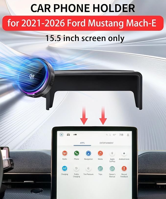 Qi2.2 25W Magnetic Car Mount Charger for 2021-2026 Ford Mustang Mach-E Accessories, for Fast Charging Cell Phone Holder 15.5 Inch Screen Fixed Clip with Cooling Fan＆54W Fast Adapter