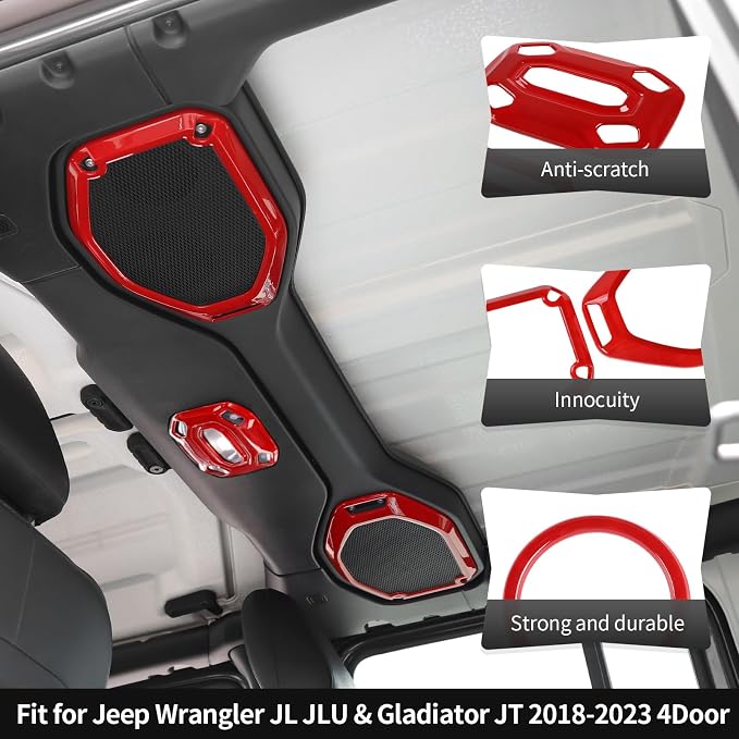 CheroCar Red 20PCS Interior Trim Kit for Jeep Wrangler JL JLU & JT Gladiator 2018-2023,Dashboard,Steering Button Frame,AC Switch,Roof Speaker,Reading Light,Headlight Switch,Rear Air Vent Trim