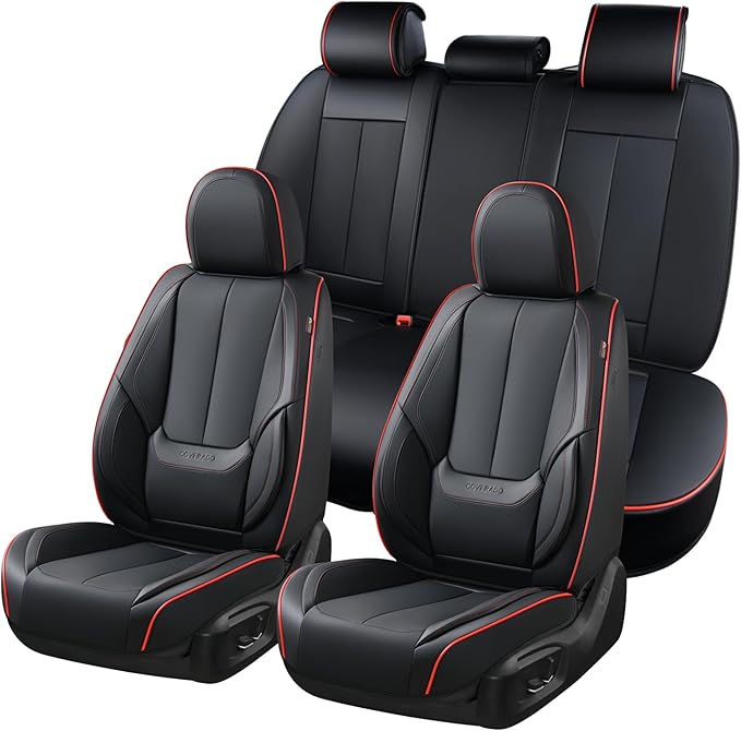 Coverado Car Seat Covers Full Set, Seat Covers for Cars, Black Car Seat Protector Waterproof, Nappa Leather Car Seat Cushion, Car Seat Covers Front Seats and Back Fit for Most Cars