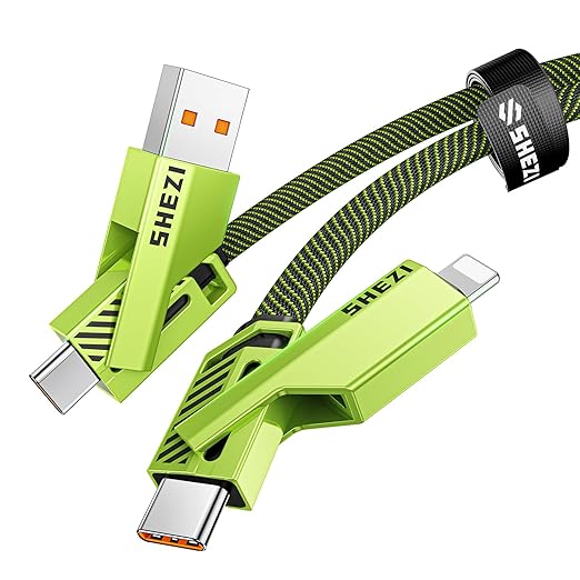 SHEZI [Upgraded 2.0] 4-in-1 USB C Cable 60W 10FT Fast Charging [480Mbps Data Sync] Flat Nylon Braided Charger Cord Combo, USB A/C to C/L Multi Charge Cable for iPhone/iPad & Most Devices, Green