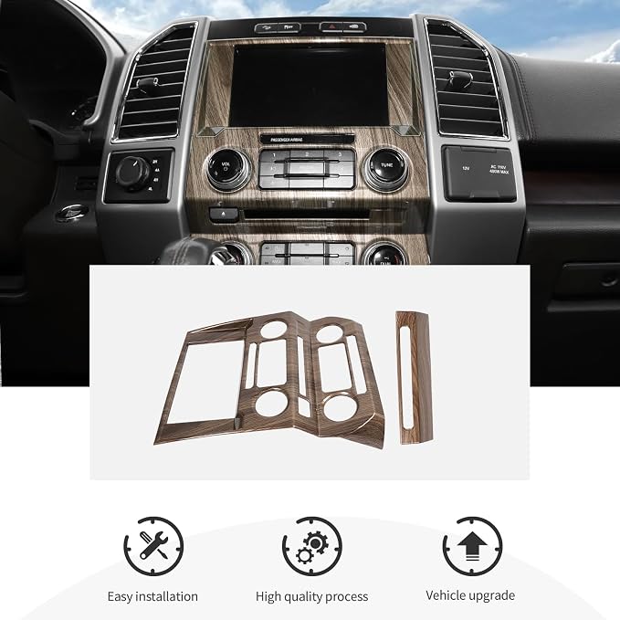 CheroCar Wood Grain Central Control Navigation & Emergency Light Control Panel Trim Cover Kit Fit for Ford F150 2015-2020 Hazard Light Switch & GPS Screen Surround Decorative Bezels