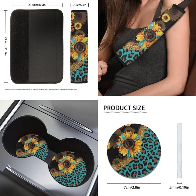 Leopard Sunflower Seat Covers for Car,11Pack Green Auto Seat Covers for Front Back,Universal Fit Most Vehicle Truck SUV,Auto Steering Wheel Cover Seatbelt Pads Keychain Cup Holder Coasters