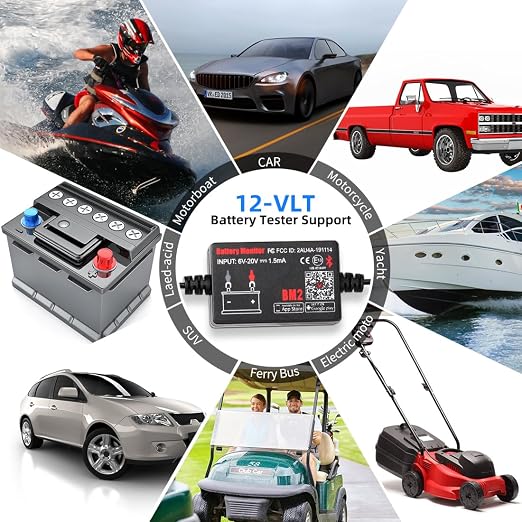 BM2 Bluetooth Battery Monitor 12V Car Battery Tester for Lead Acid Battery, LowVolt Alarm for All 12 Volts Solar Power Systems/RVs/Motorcycles/Boats/Cars Compatible with iPhone and Android