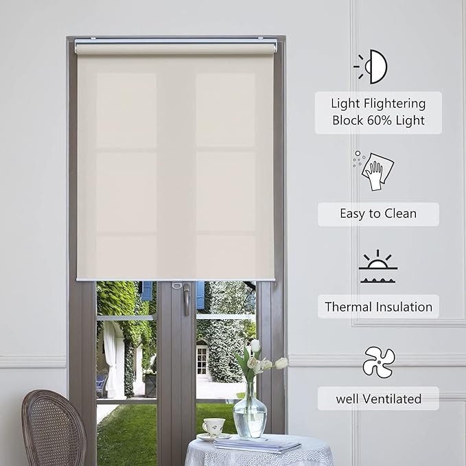 AOSKY Cordless Roller Shades for Windows Light Filtering Shades with 5% Openness Solar Screen Semi Sheer Roller Blinds UV Protection for Office and Home. Easy to Install 35" W x 72" H (Beige)