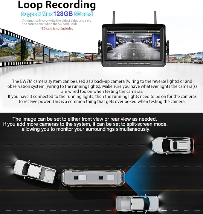 ZEROXCLUB 1080P 7" Wireless RV Backup Camera System, Compatible with Furrion Pre-Wired RV Truck Trailer, DVR Monitor & IR Night Vision Rear View Camera, IP69 Waterproof, Adjustable Parkinglines, BW7M
