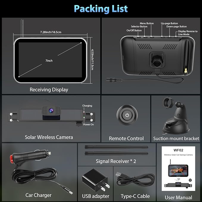 Carpuride Solar Wireless Backup Camera with 7" Monitor Rechargeable 6700mAh Battery 1080P Back Up Cam Auto Sleep, 170°Wide Angle, IP69K Waterproof, Easy Installation for Car, Van, Truck, Trailer, Bus