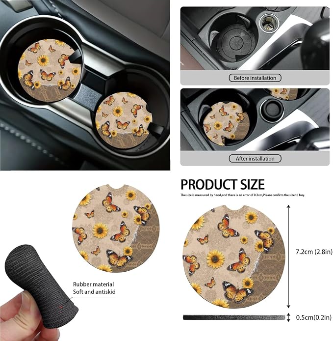 Sunflower Butterfly Print Full Set Car Seat Covers with Accessories for Women, Including Car Front Rear Seat Covers Steering Wheel Cover Safety Belt Pads Garbage Bag etc, Brown