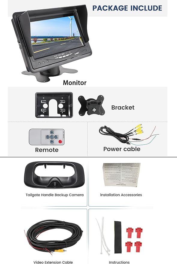 EWAY Tailgate Handle Backup Camera 7 Inch TFT LCD Monitor Kit for for 1999-2006 Chevy Silverado/GMC Sierra 1500 2500 3500 Rear View Reversing Backing Cameras Monitor Kit Optional Guideline