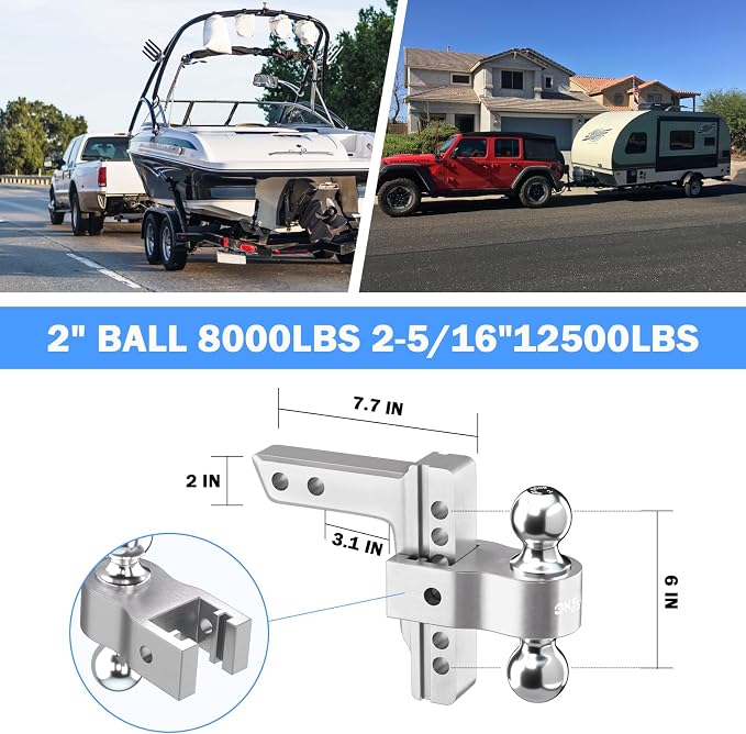 Adjustable Trailer Truck Drop Hitch - Fits 2 Inch Receiver Only, 6 Inch Drop/Rise Dual Ball Mount 2" and 2-5/16" Up to 12,500 LBS GTW, Heavy Duty Towing Hitch with 2 Locks & 4 Silencer Pads (Silver)