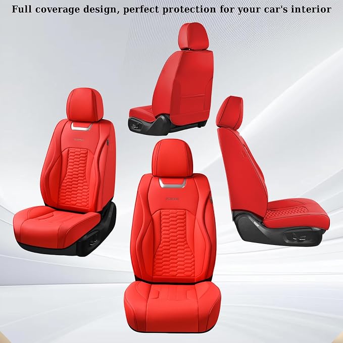 Coverado Car Seat Covers Full Set, Nappa Leather Red Car Seat Covers, Waterproof Automotive Seat Covers for Cars Interior Accessories Universal Fit Most Sedans, SUVs, Pick-up Trucks