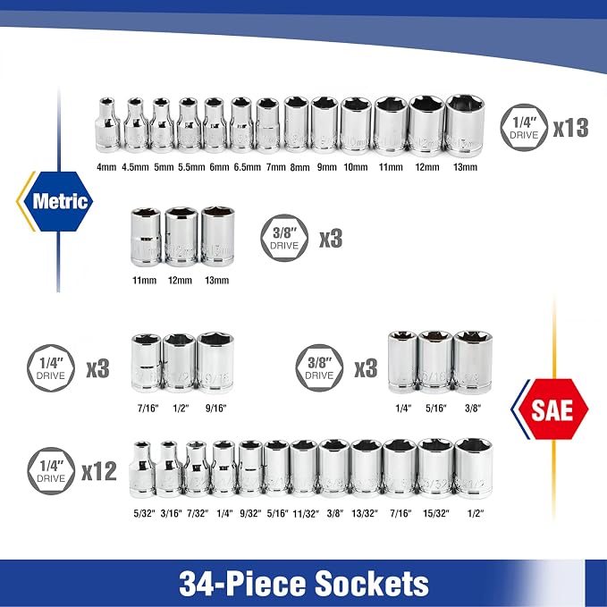 WORKPRO 39-Piece Drive Socket Wrench Set with Flexible Tool Tray, 1/4-Inch & 3/8-Inch Small Sockets Set, 3/8" Ratchets, Extensions, Spinner Handle & Adapter, Mechanics Tool Set with Tool Box, for Repa