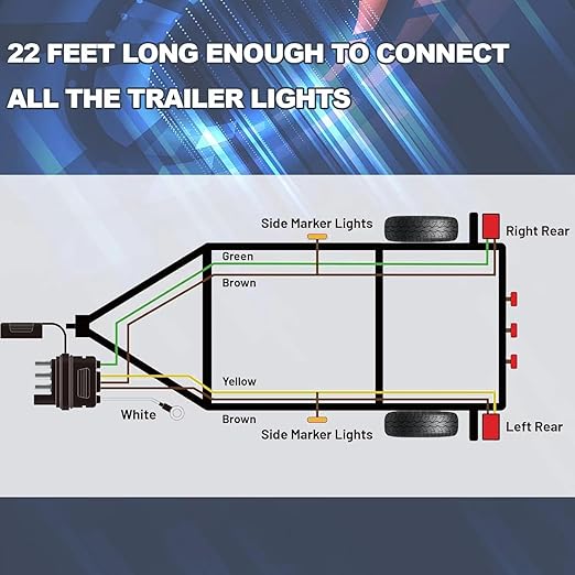 4 Pin 5 Wire Trailer Wiring Harness, 22FT Trailer Wiring Harness Kit, Boat Trailer Wiring Harness, 5 Wire 4 Pin Flat Trailer Connector, for Connection of Tail Lights, Brake Lights and Turn Signals