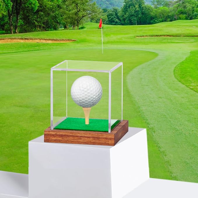Hooqict Golf Ball Display Case Clear Acrylic Golf Ball Case Display with Wood Base & Tee Ball Holder Stand UV Protected Square Cube Box Single Ball Storage Golfball Collections
