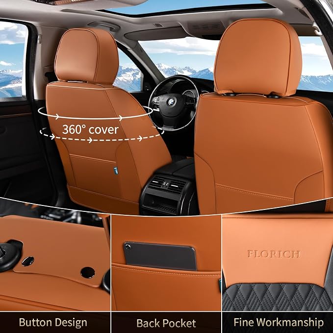 FLORICH Seat Covers, Car Seat Covers Front Seats, Luxury Nappa Leather Seat Covers, Breathable and Waterproof Car Seat Protector 2 Seat, Automotive Seat Covers Universal for Most Cars-Brown&Black