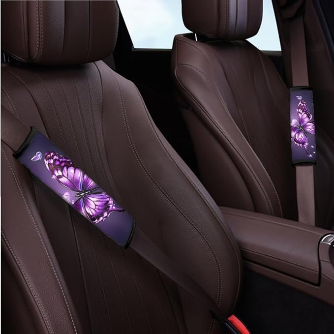 BIGCARJOB Butterfly Print Car Seat Cover Set of 12 Pieces Purple Butterfly Car Accessories Set with Seat Belt Cover,Armrest Pads,Cup Holder Coaster,Universal Steering Wheel Covers