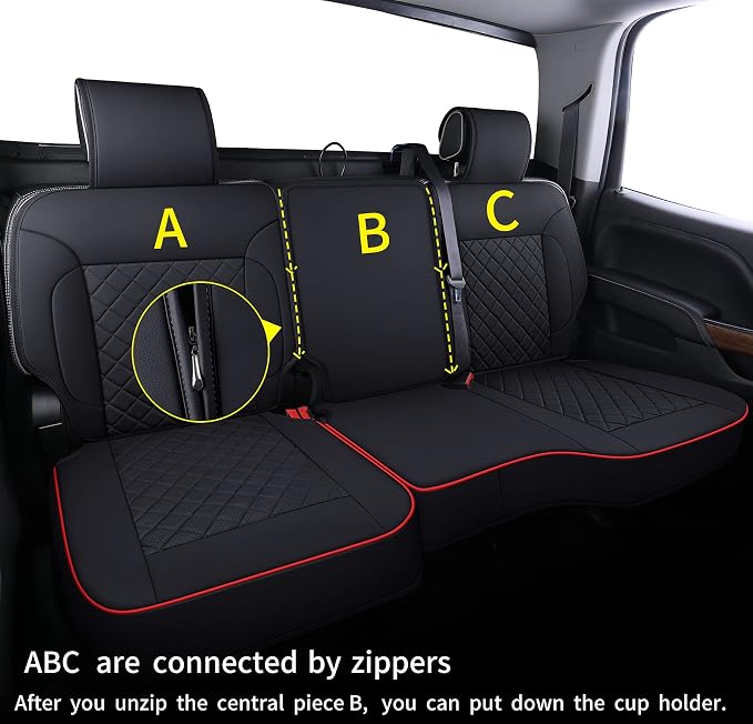 LUCKYMAN CLUB Chevy Silverado/Sierra P01-S1 Seat Covers Full Set, Fit 2014-2018 1500/2015-2019 2500 HD/3500 HD Crew Cab with Breathable Faux Leather (Full Set, Black/Red)