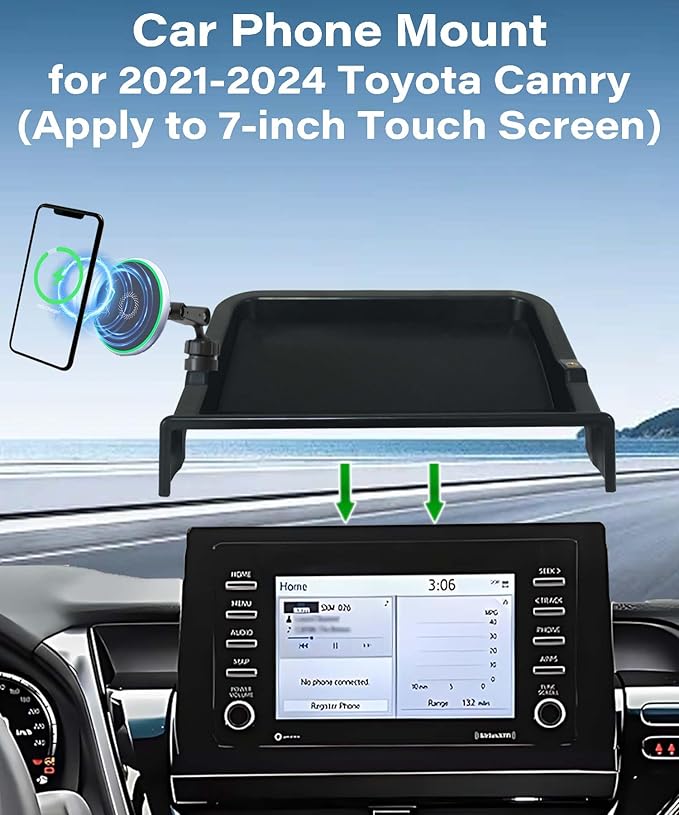 Car Phone Holder for 2021-2024 Toyota Camry Accessories Apply to 7 Inch Touch Screen 15W Fast Wireless Charger Screen Fixed Clip Cell Phone Mount with Dashboard Storage Tray
