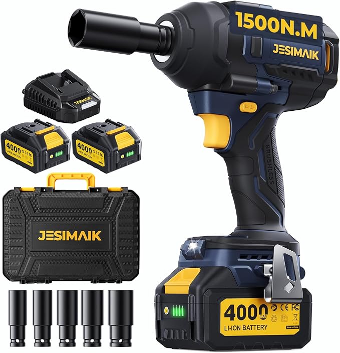 Cordless Impact Wrench, 1106ft-lbs(1500N.m) 1/2" Brushless Impact Gun, 2×4.0Ah Batteries, 4 Impact Modes, 5 Sockets, 21V High Torque Electric Impact Driver for Truck RV Car Heavy Construction
