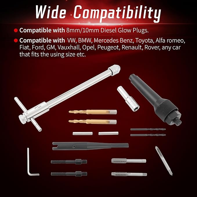 16pcs Glow Plug Removal Tool Kit, 8 mm 10 mm Damaged Glow Plug Extractor Repair Remove Tool Set for Cylinder Heads