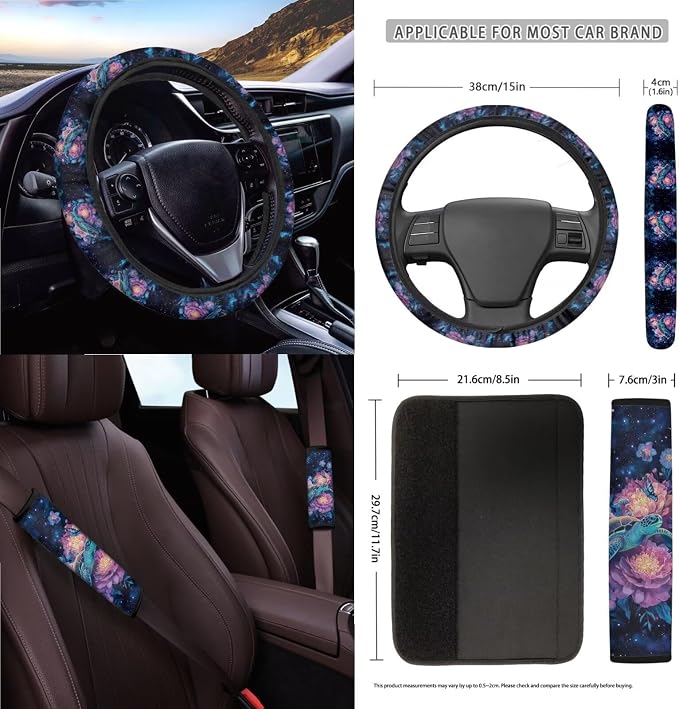Turtle Peony Flower Star Butterfly Print Full Set with Front Back Seats Covers Steering Wheel Cover Rearview Mirror Cover Keychain Trash Can Auto Seat Belt Pads, Coaster for Women Men