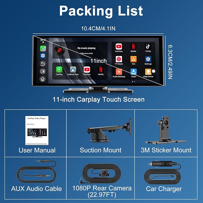 Upgraded 11" CarPlay Screen for Car, Built-in Net-Flix/YouTube/TikTok and Other Apps (No Mirroring Needed), Wireless Car Stereo for Apple Carplay & Android Auto with HD Backup Camera,OTA Updates