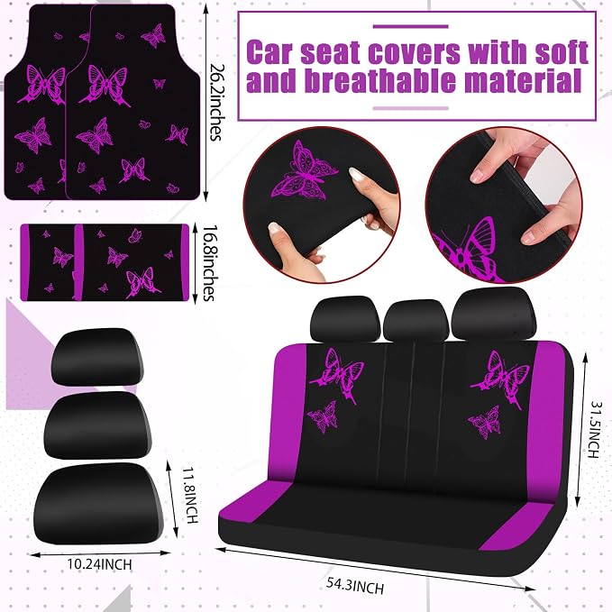 BBTO 47 Pcs Car Seat Full Set Car Accessories for Women 5 Front Rear Seat Covers Wrist Strap 2 Pieces Cup Mat Armrest Pad 2 Belt Cover Accessories for SUV(Purple Black)