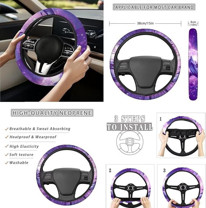 Moon Dolphin 15 PCS Car Seat Cover Full Set with Steering Wheel Cover Seat Belt Strap Pads Cup Coasters Trash Bag Rearview Mirror Cover Keychain Auto Interior Decor