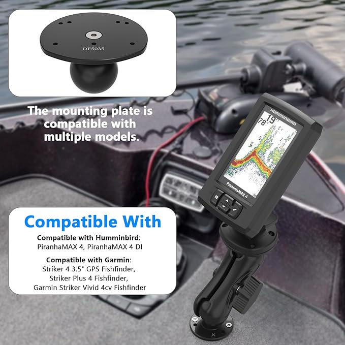 Aluminum Alloy Fish Finder Mount with C Size 1.5" Ball Rectangular Plate & Round Base, 5.19" Arm Marine Electronic Mount Compatible with Garmin,Humminbird Kit (Black)
