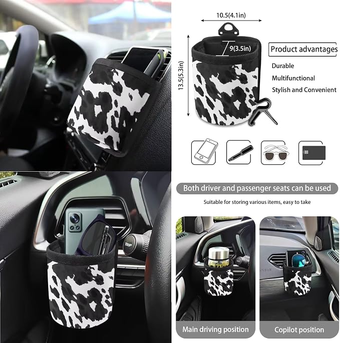 Cow Pattern Car Seat Covers Full Set Steering Wheel Cover Trash Can Air Vent Storage Bag Seatbelt Covers Rearview Mirror Cover Cup Coasters 15pcs Car Interior